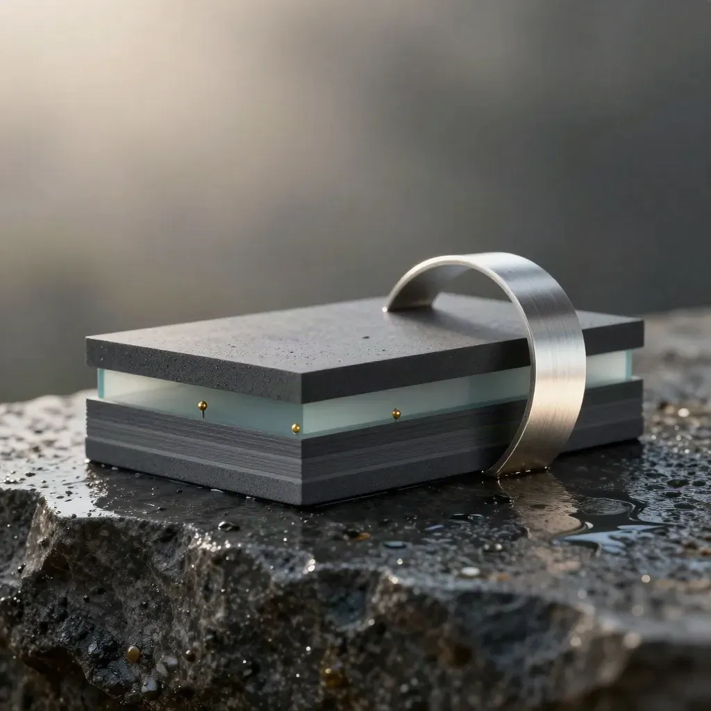 Graphite forecasting blocks, frosted glass, brass pins and silver arc on wet stone