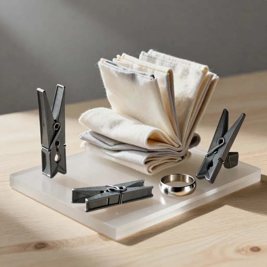 Pale wood flat lay of acrylic risers, garment clips, cotton swatches, and a metal ring.