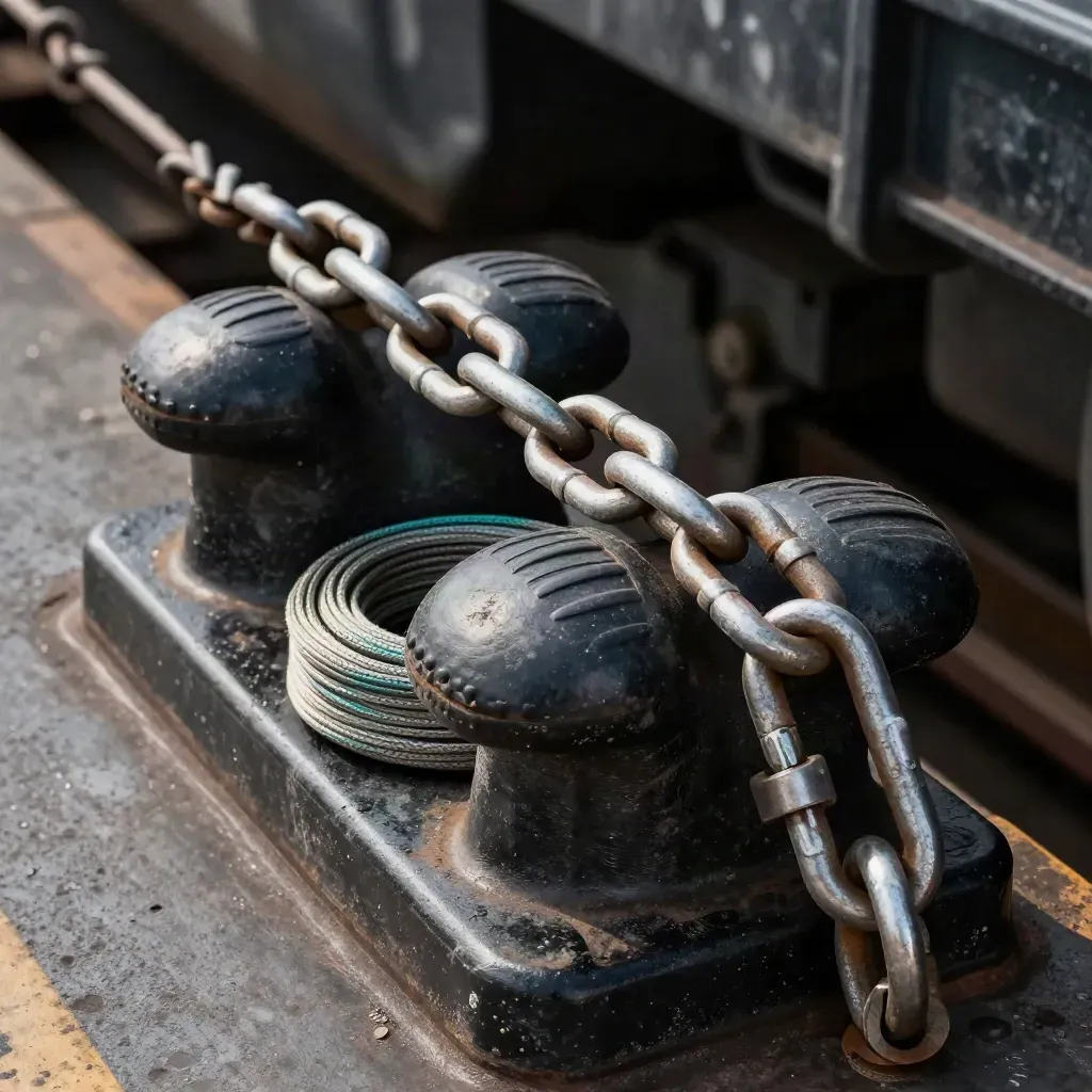 Cargo chains, locking shackle, dock bumpers and tie-down coil on black metal in raking light.