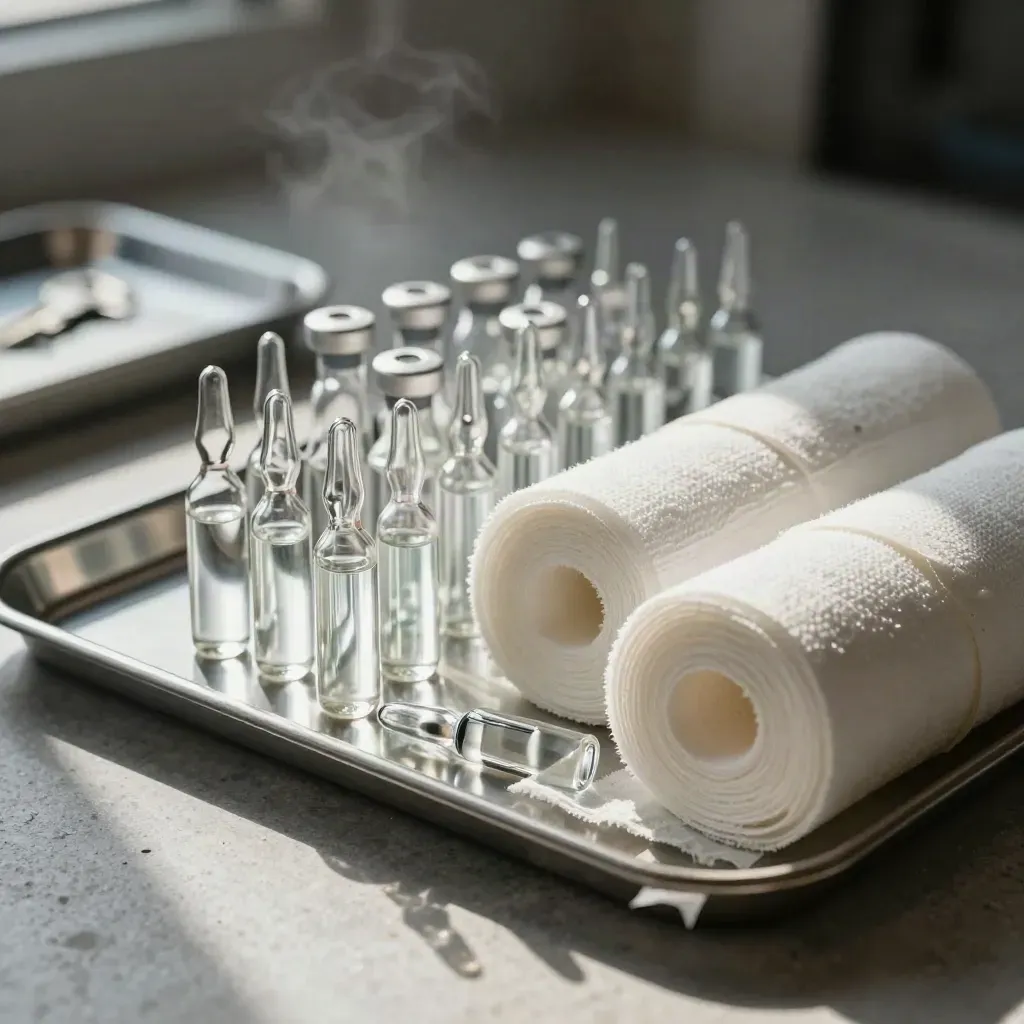 Glass ampoules, specimen tubes, gauze rolls and a steel tray on brushed stone, lit dramatically.