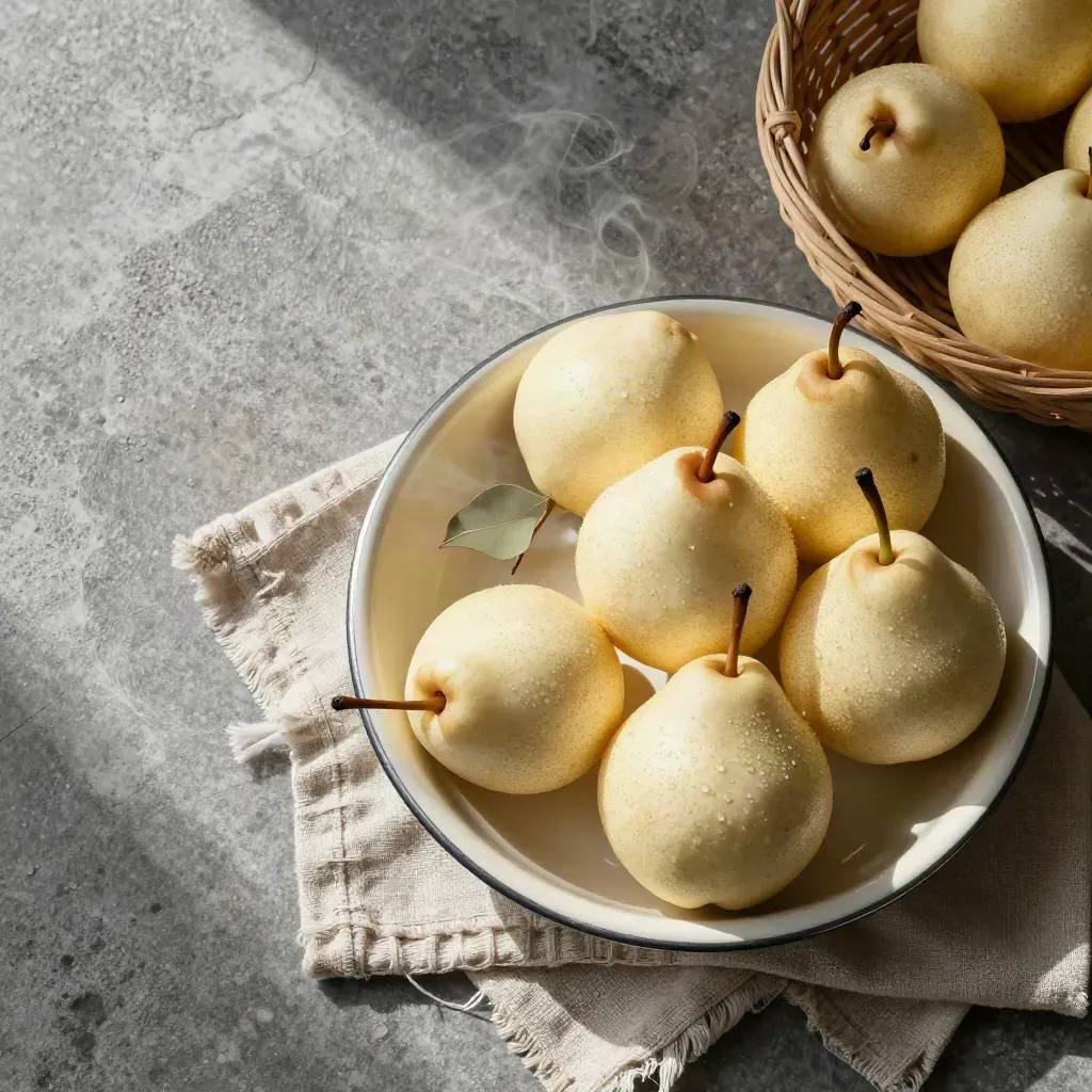 Pale pears, linen wrap, enamel bowl and basket corner on limestone in soft daylight.