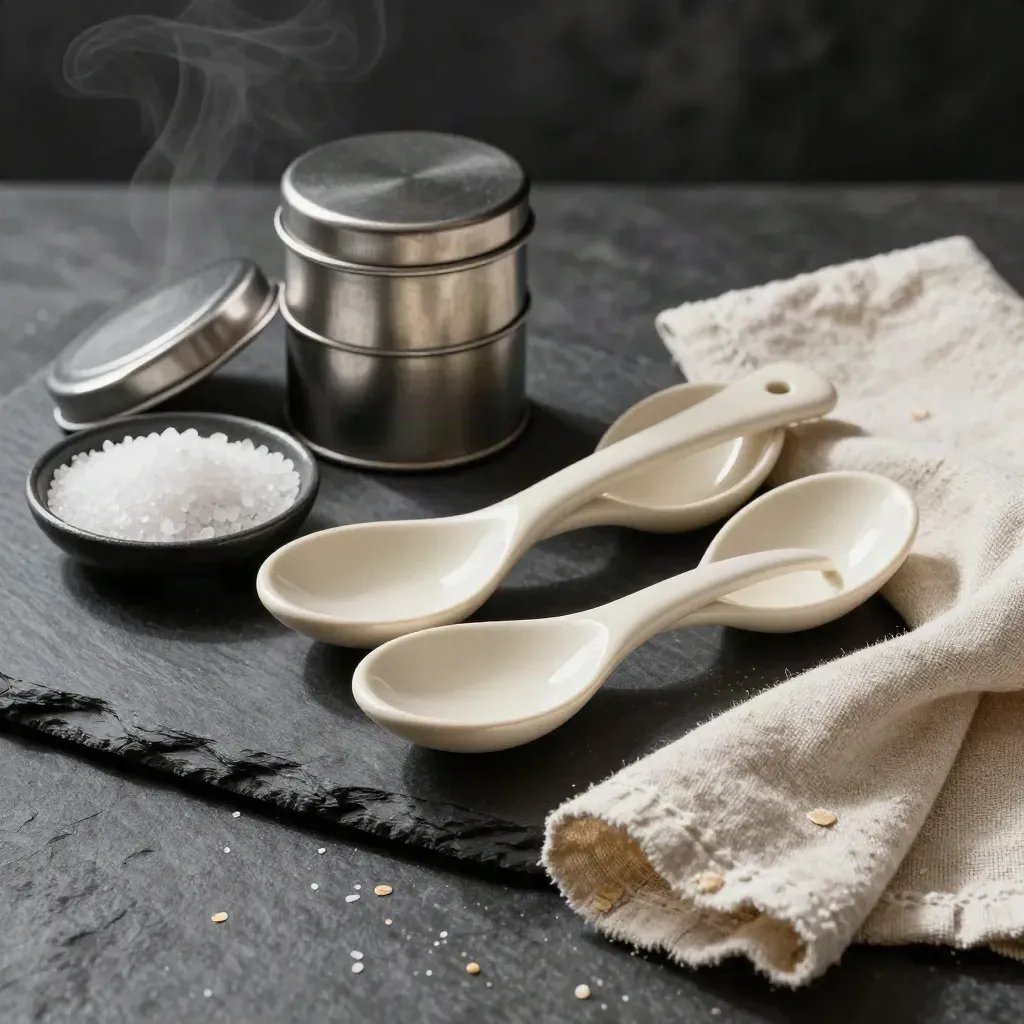Chef tasting spoons, spice tins, slate salt dish and linen on dark stone in dramatic studio light.