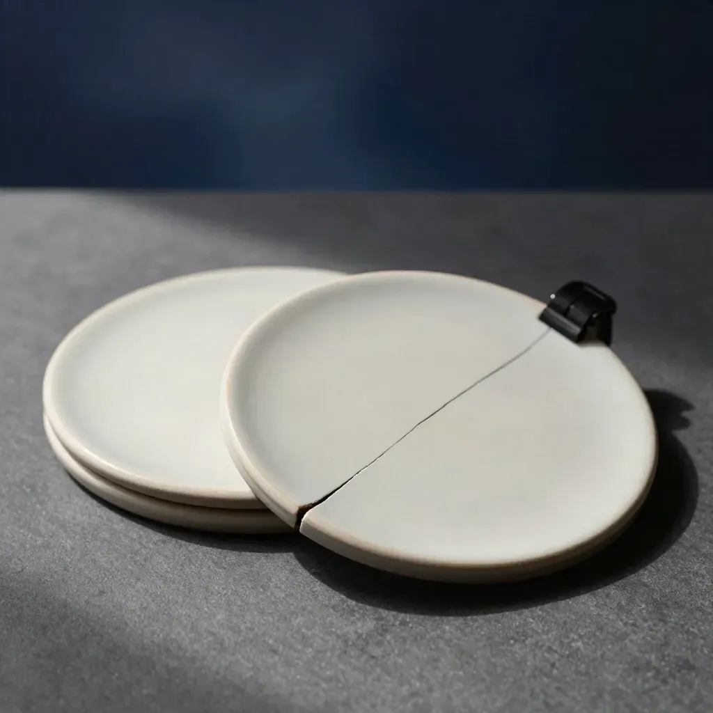Ceramic discs with a fine crack slide apart beside a small black clamp on graphite.