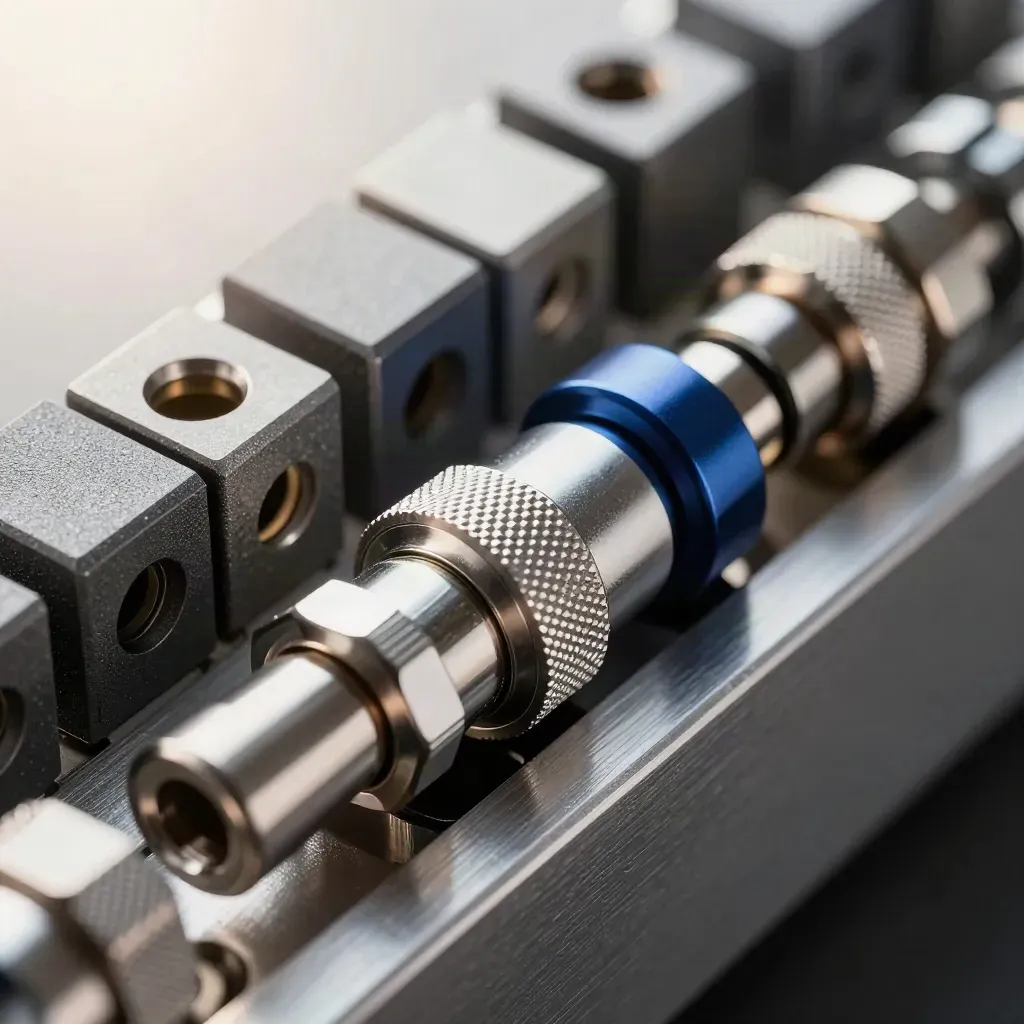 Macro of cloud-platform connector blocks and aluminium couplers on brushed metal.
