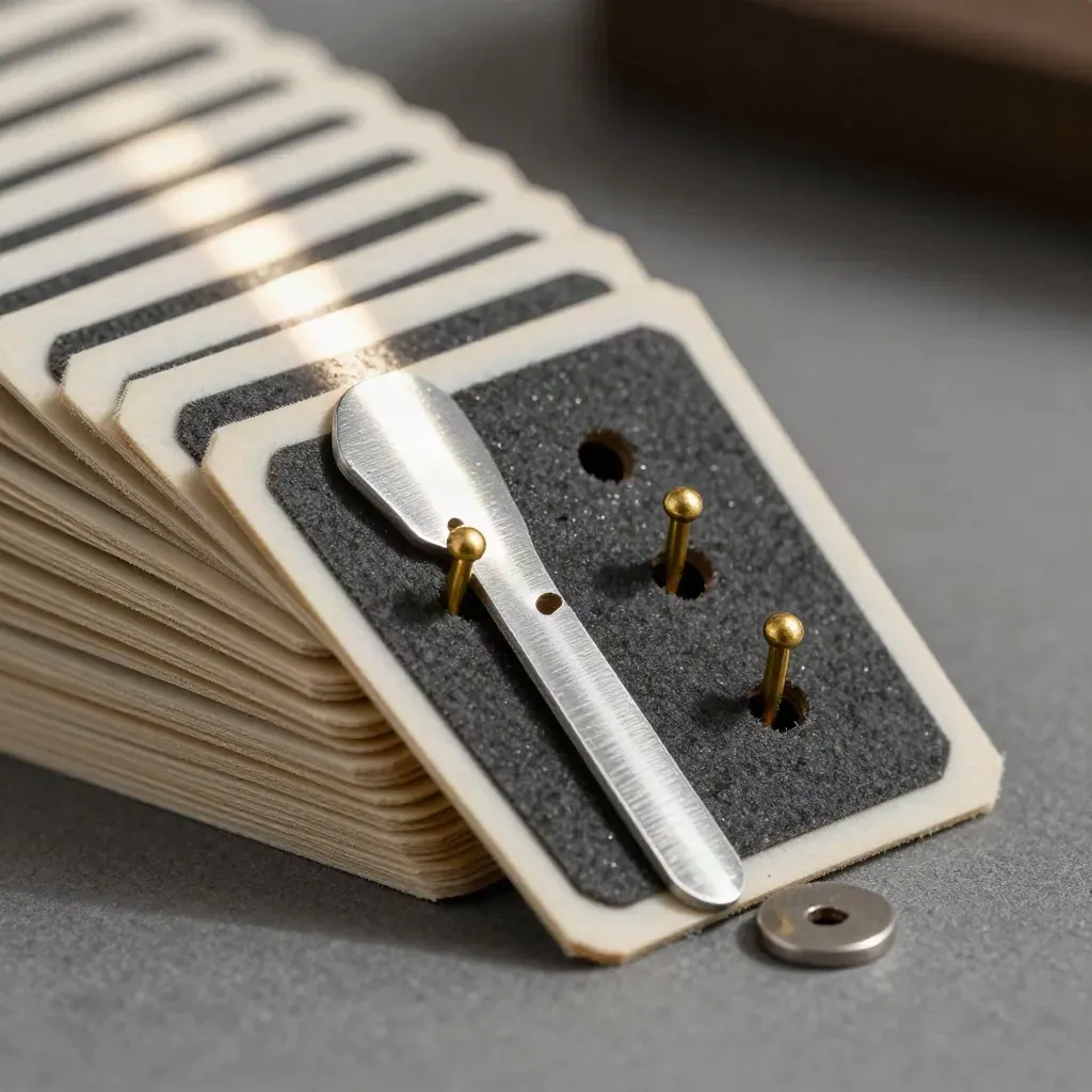Macro of fanned forecasting punch cards with brass pegs and metal spacers on charcoal felt.