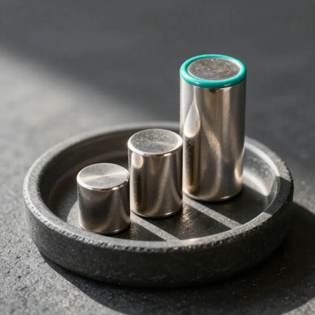 Three ranked metal tokens in a graphite tray, one polished marker with a teal edge.