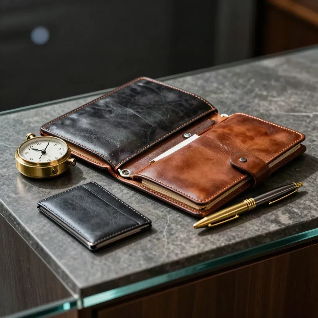 Leather folio, brass timer, card case, and pen on stone in dramatic studio light