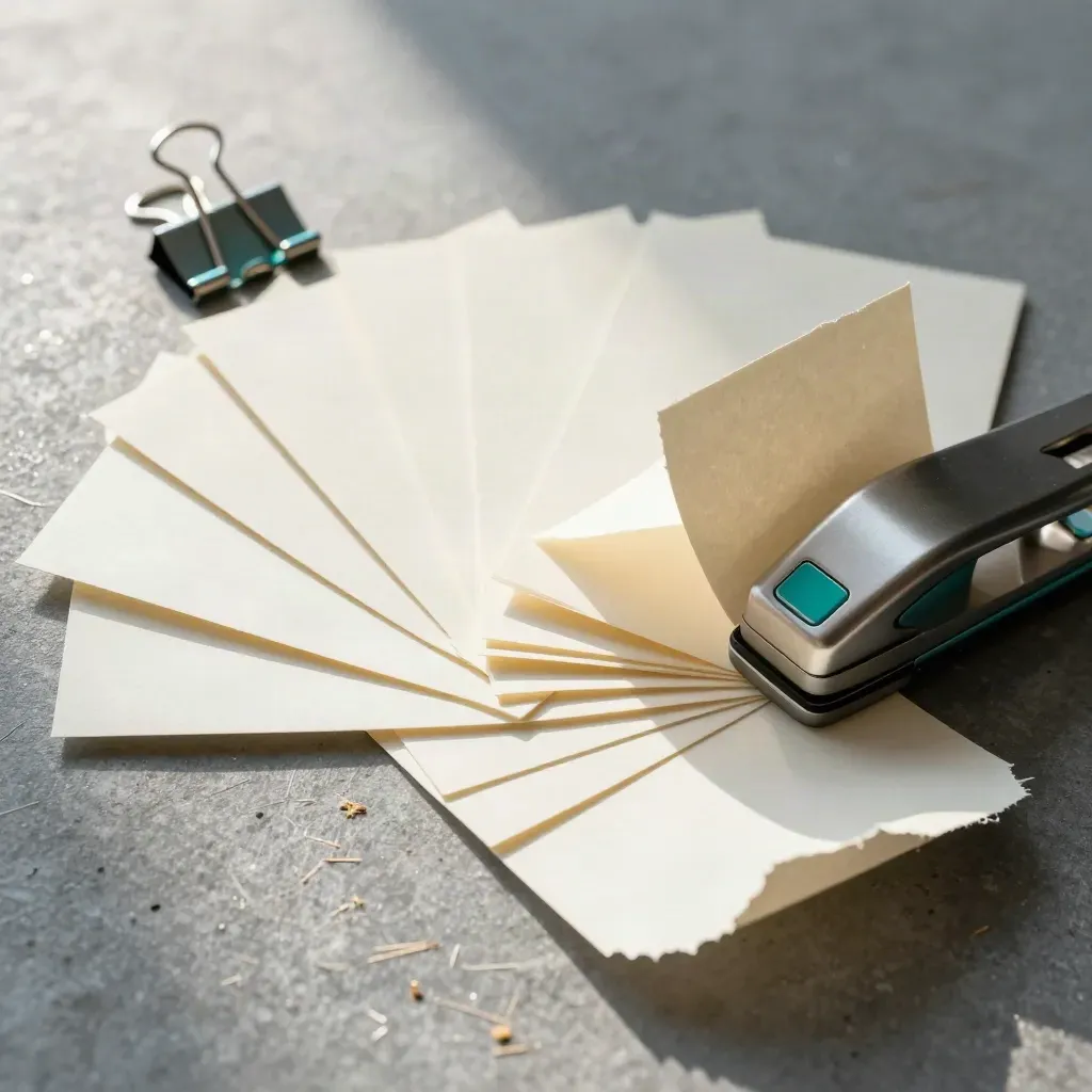 Overhead macro of sample cards, binder clips, paper wedges and a desktop punch on slate concrete.