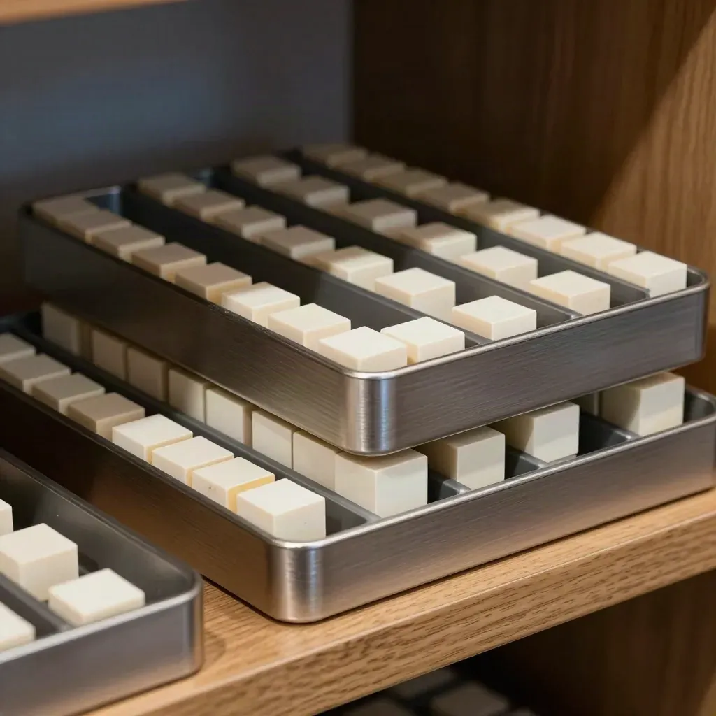 Nested inventory trays, count cubes and cash dividers on a warm oak stockroom shelf
