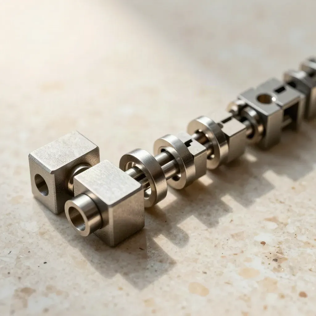 Overhead macro of machined blocks, metal rings, and modular connectors on pale stone