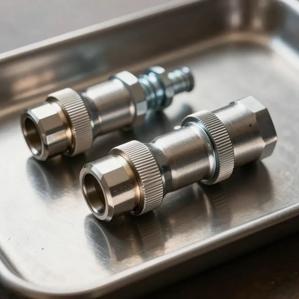 Brushed metal couplers and screws locking together in dramatic macro still life