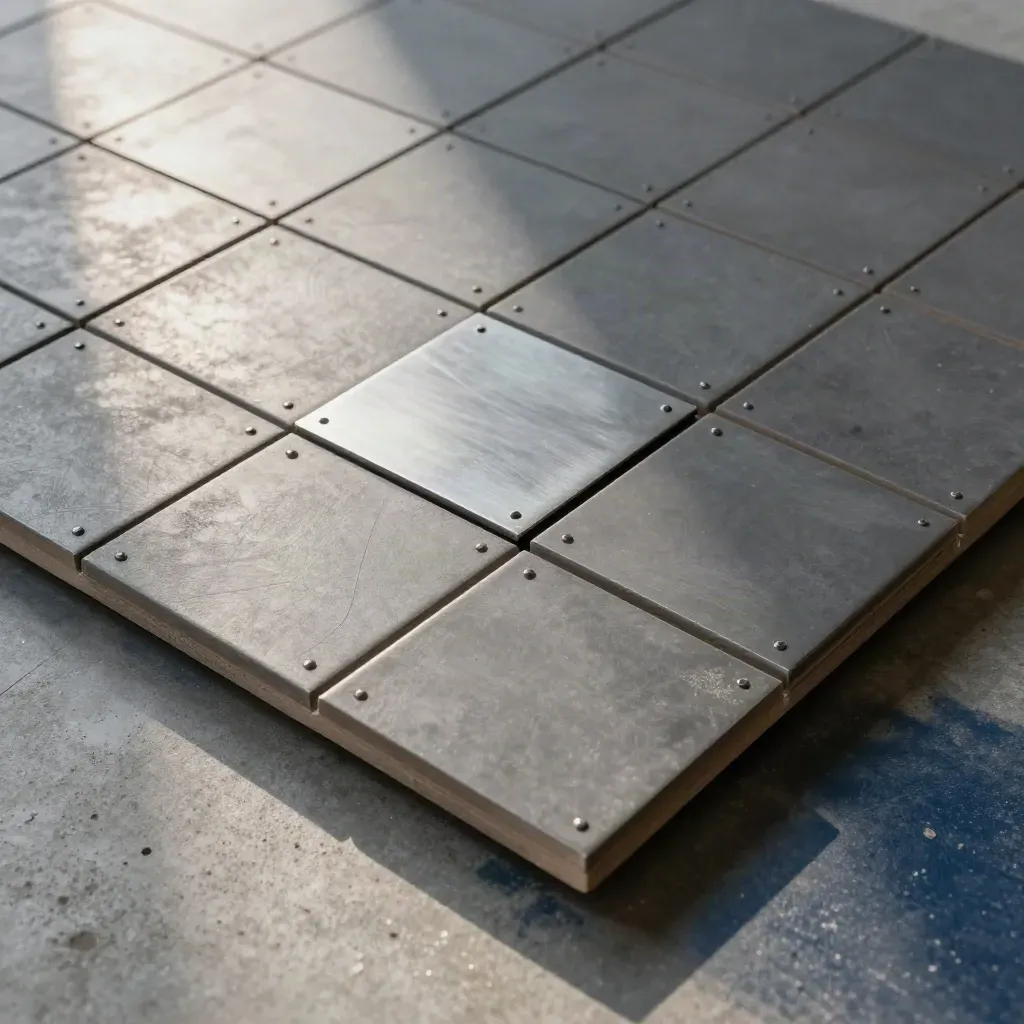 Overhead macro of graphite tiles and metal plates arranged in a modular workflow path on concrete.