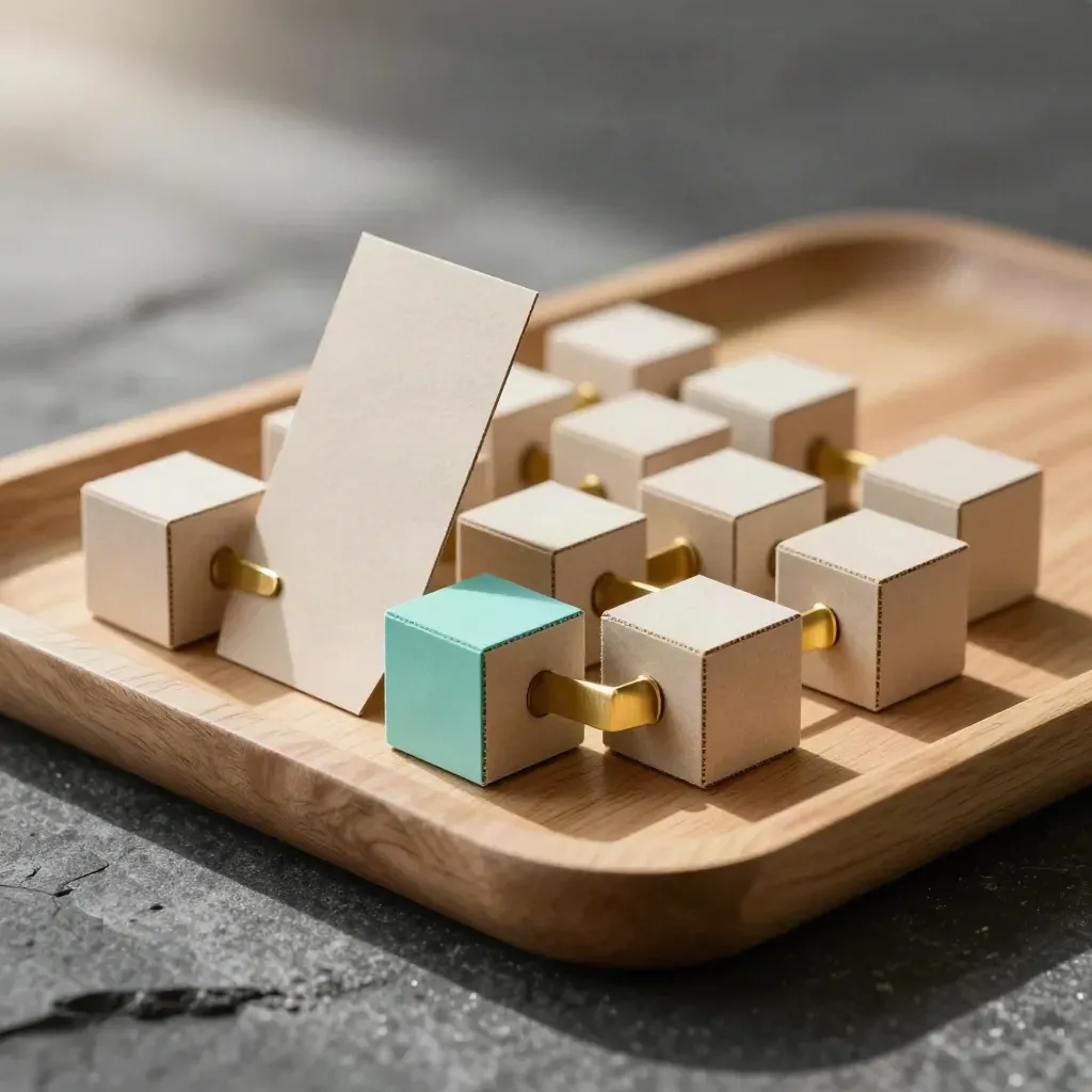 Matte paperboard cubes and brass tabs stack on a pale oak tray with a subtle teal edge.